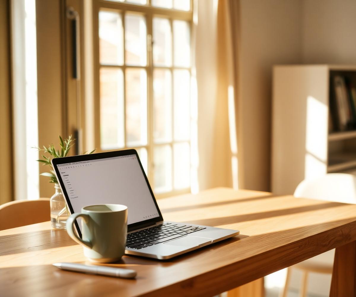 A laptop open on a sunlit wooden table beside a mug, set up for a video visit