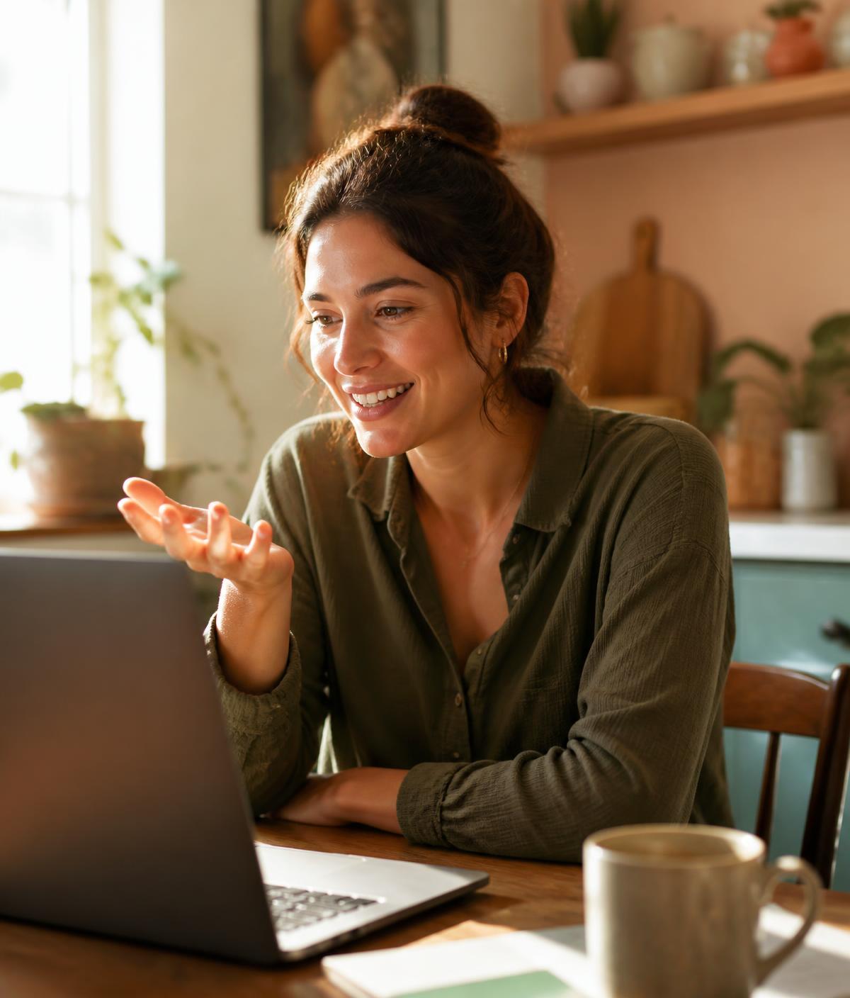 A person sitting at a sunlit kitchen table during a video visit with their Nureli clinician